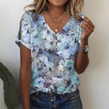 European And American 3d Printed Short Sleeve Summer Floral Button V-neck Ladies T-shirt