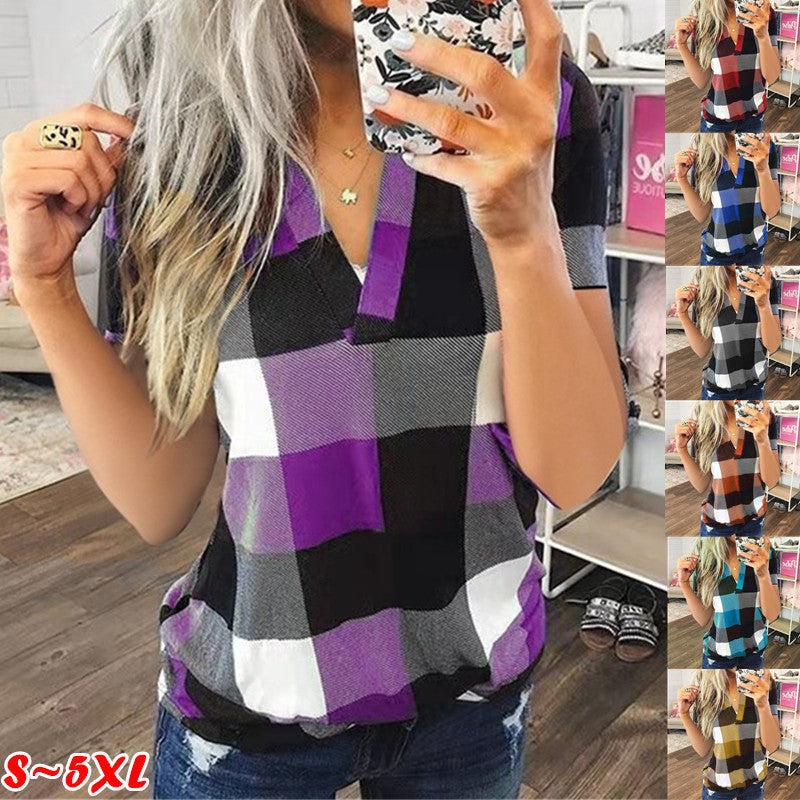 Women's New Shirt Plaid Printed V-Neck Short-Sleeved Shirt T-Shirt Women