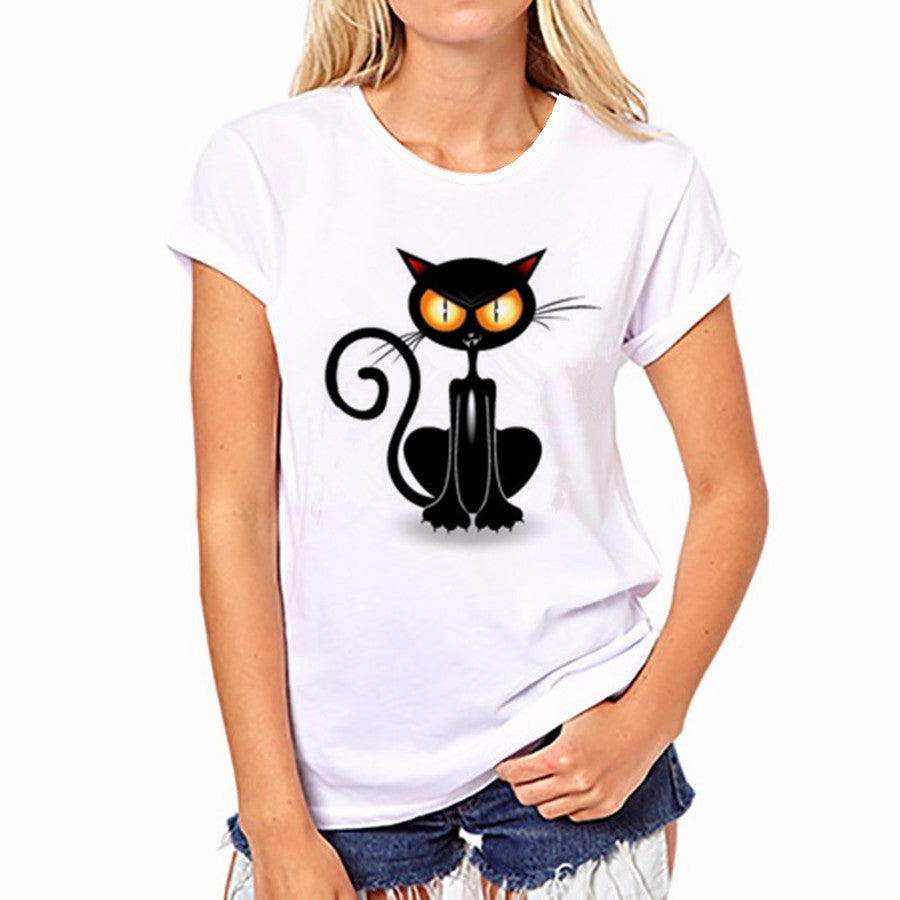 New Women's Black Cat The Print Of Cat's Paw Short Sleeve Loose