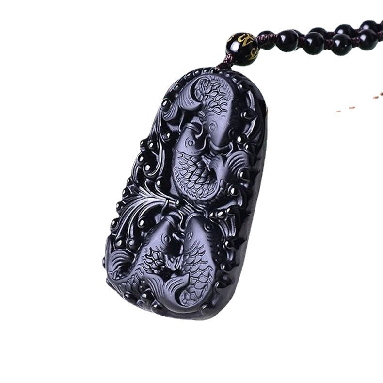 Natural Obsidian Fish Carved Matte Necklace