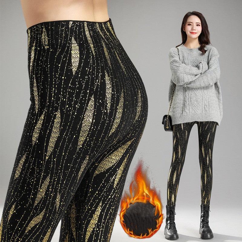 High Waist Large Print Plus Fleece Thickened Elastic Tights