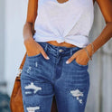 Summer Mid-waist Slim-fit Cropped Pants Ripped Tassel Jeans For Women