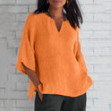 Three-quarter Sleeve Cotton And Linen V-neck Top Split Women's Clothing