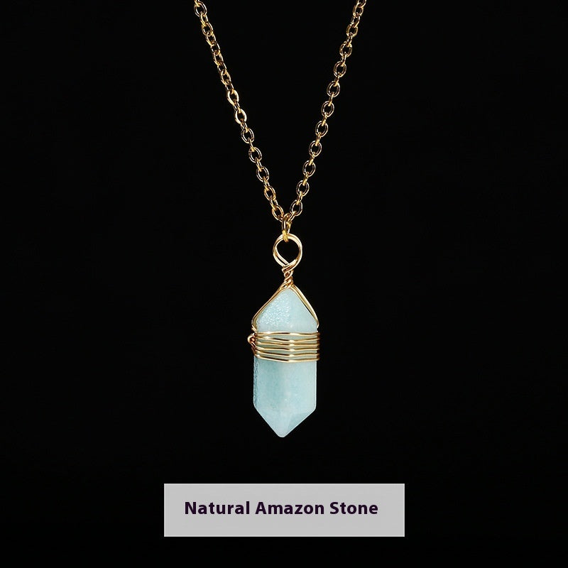 Natural Crystal Tigereye Double Pointed Hexagon Prism Winding Necklace