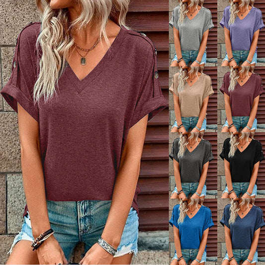 European And American Top Solid Color Button Fashion Short Sleeve T-shirt