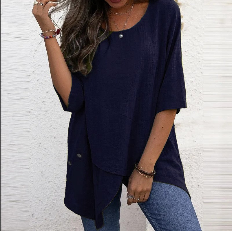 Cotton Linen Round-neck Irregular Shirt Half Sleeve Shirt