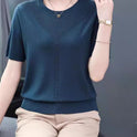 Summer Hollow-out Ice Silk Short Sleeve Middle-aged Round Neck Knitted Shirt Thin