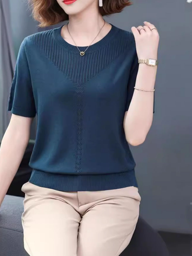 Summer Hollow-out Ice Silk Short Sleeve Middle-aged Round Neck Knitted Shirt Thin