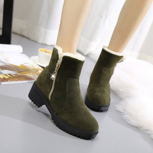 Short Suede Side Zip Student Thick Mid-Heel Boots