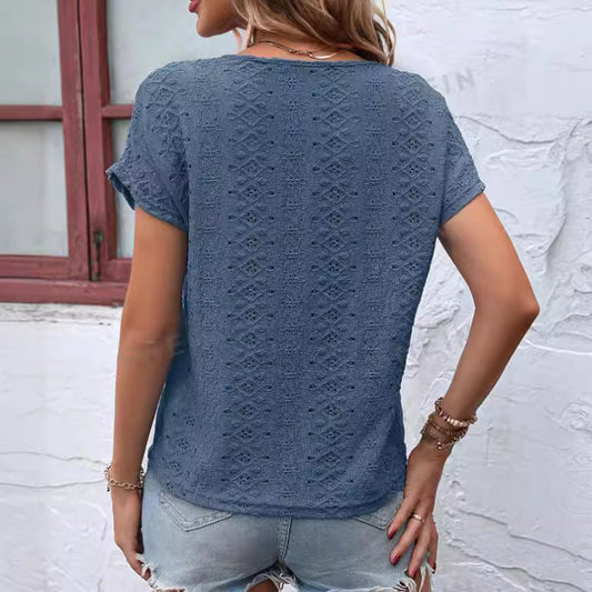 Women's Casual Hollow Out V-neck K Short Sleeve Bath Sleeve Slim T-shirt Top