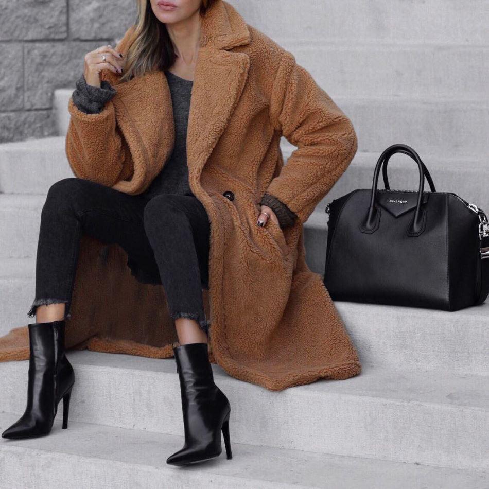 Solid color double-breasted woolen long coat
