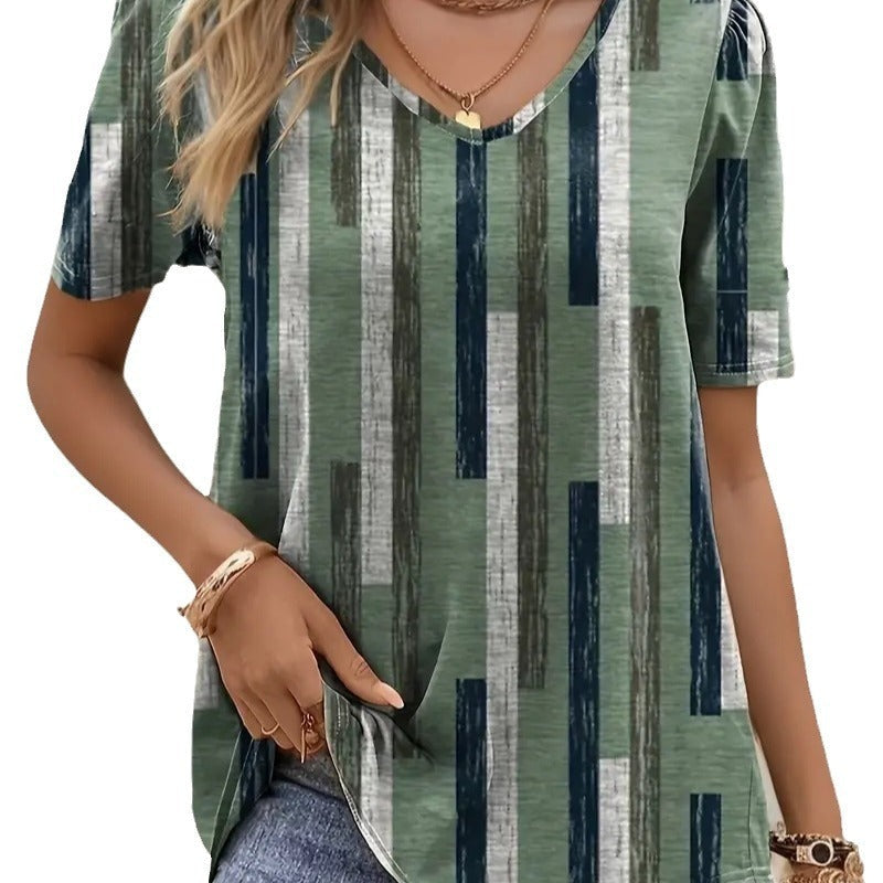 Women's Striped 3D Printed V-neck Casual And Comfortable Short Sleeve