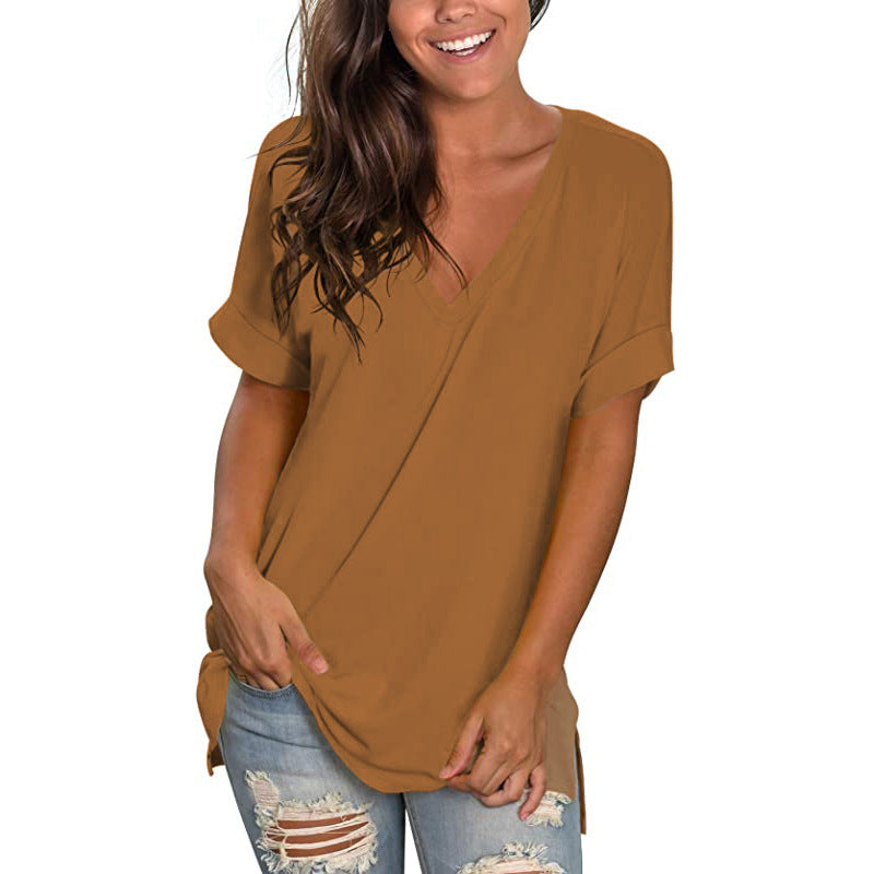 V-neck Solid Color Short-sleeved Top Loose Women's T-shirt