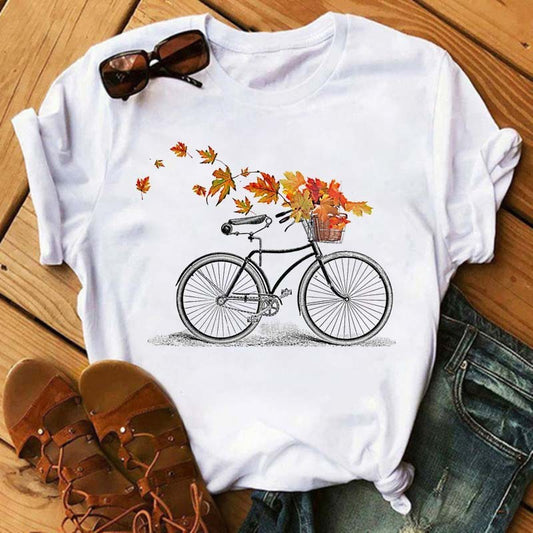 Women's Fun Bicycle And Sunflower Print Short Sleeve T-Shirt