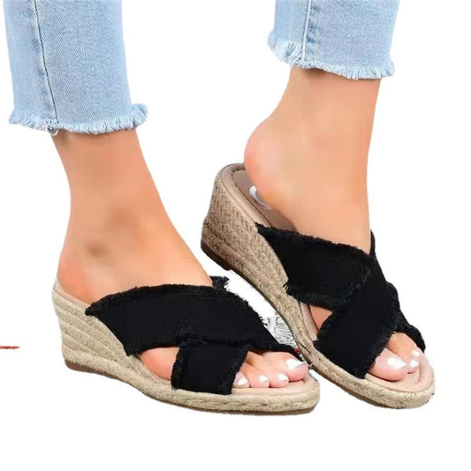 Denim Fashion Hemp Braided Lightweight High Heel Slippers