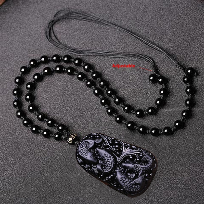 Natural Obsidian Fish Carved Matte Necklace