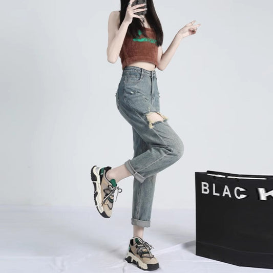 Ripped Daddy Jeans For Women Spring And Autumn 2024 New High Waist Loose Small