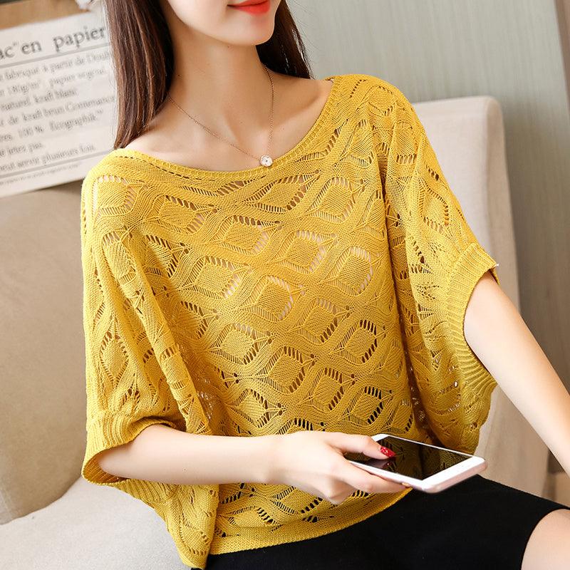 Pullover T-shirt Women Loose Openwork Knitted Top Short Sleeve Thin Blouse