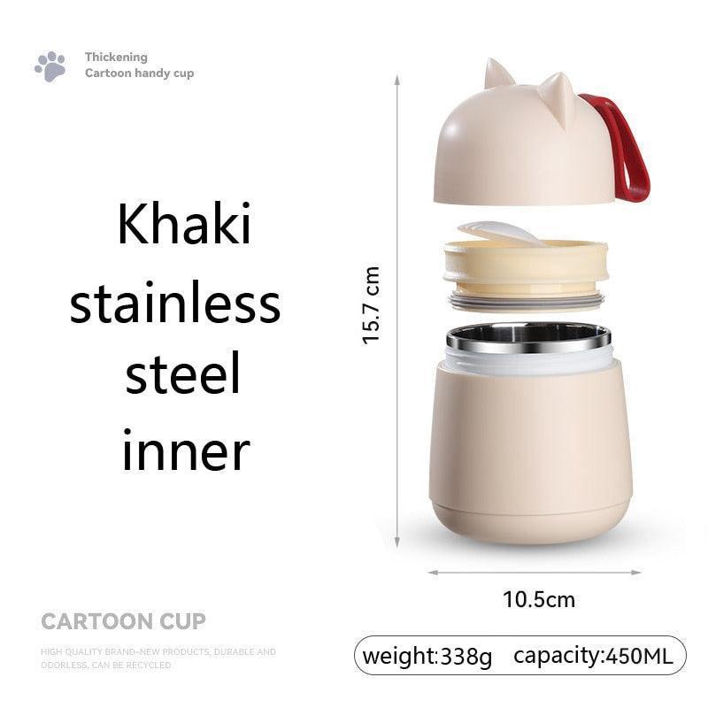 304 Stainless Steel Cartoon Cat Ear Insulation Soup Cups With Cover Spoon