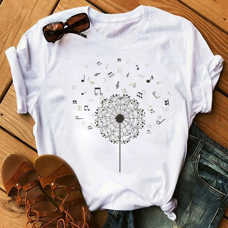 Large Size Women's Music Note Printing Kawaii Top Female Wholesale Supply Round Neck Short Sleeve T-shirt Female