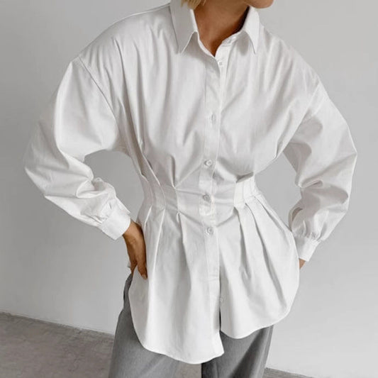 Cinched Pleated Lapel Long Sleeve Shirt