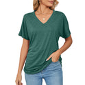 Leisure Pullover V-neck Solid Color Loose T-shirt Women's Top