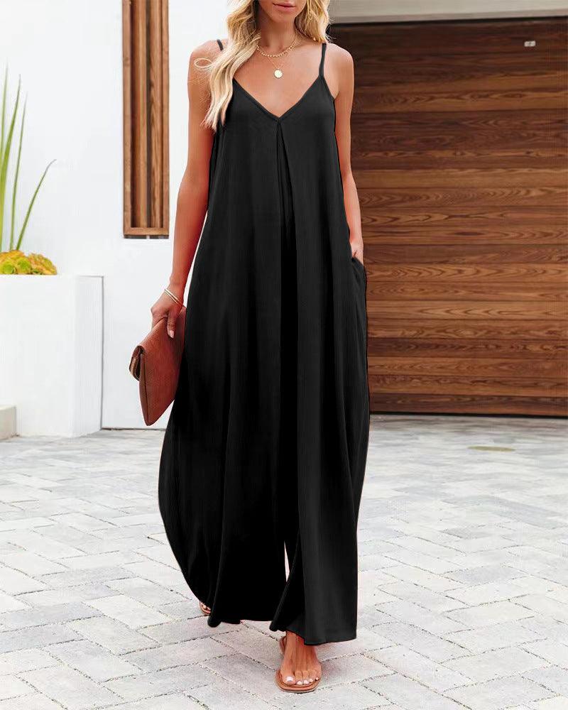 Women's Sling Wide-leg Pants Solid Color Pocket Casual Jumpsuit