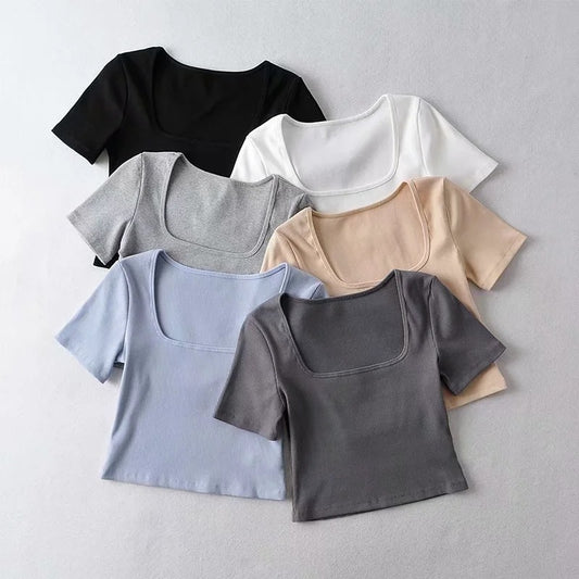 Summer Cropped Square Neck T-shirt Women