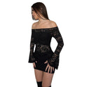 European And American Style Sexy Lace Cutout Stitching Horn Long Sleeve Off-shoulder Tight Dress