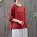 Artistic Retro Cotton And Linen Solid Color Embroidered Crew Neck Half Sleeve