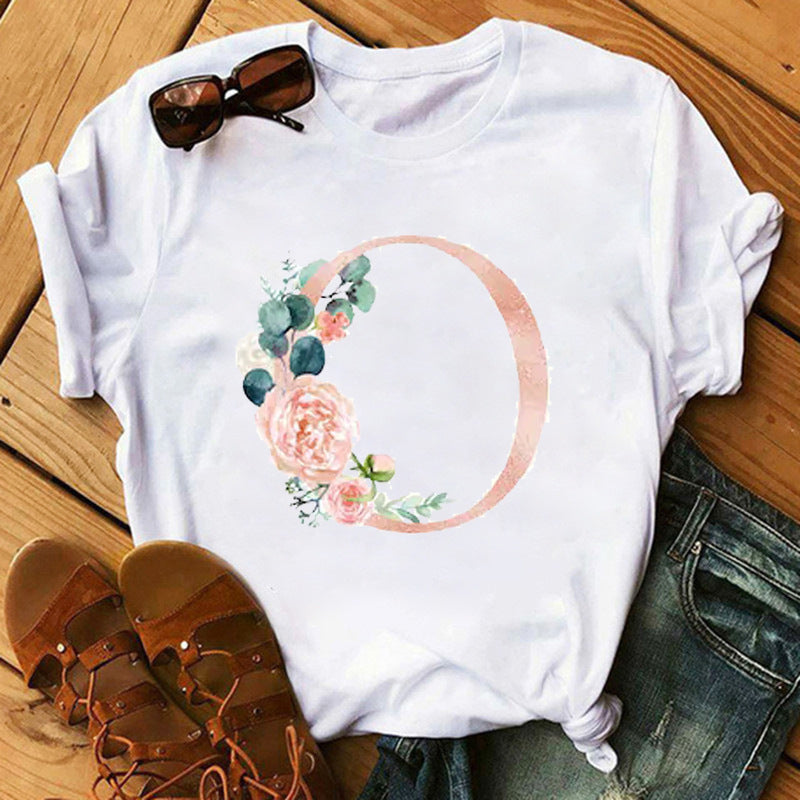 Letter Flower Women INS26 Letter Flower Print Casual T-shirt