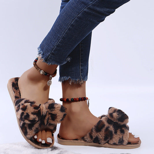 Women's Open-toed Leopard Print Fur Slippers