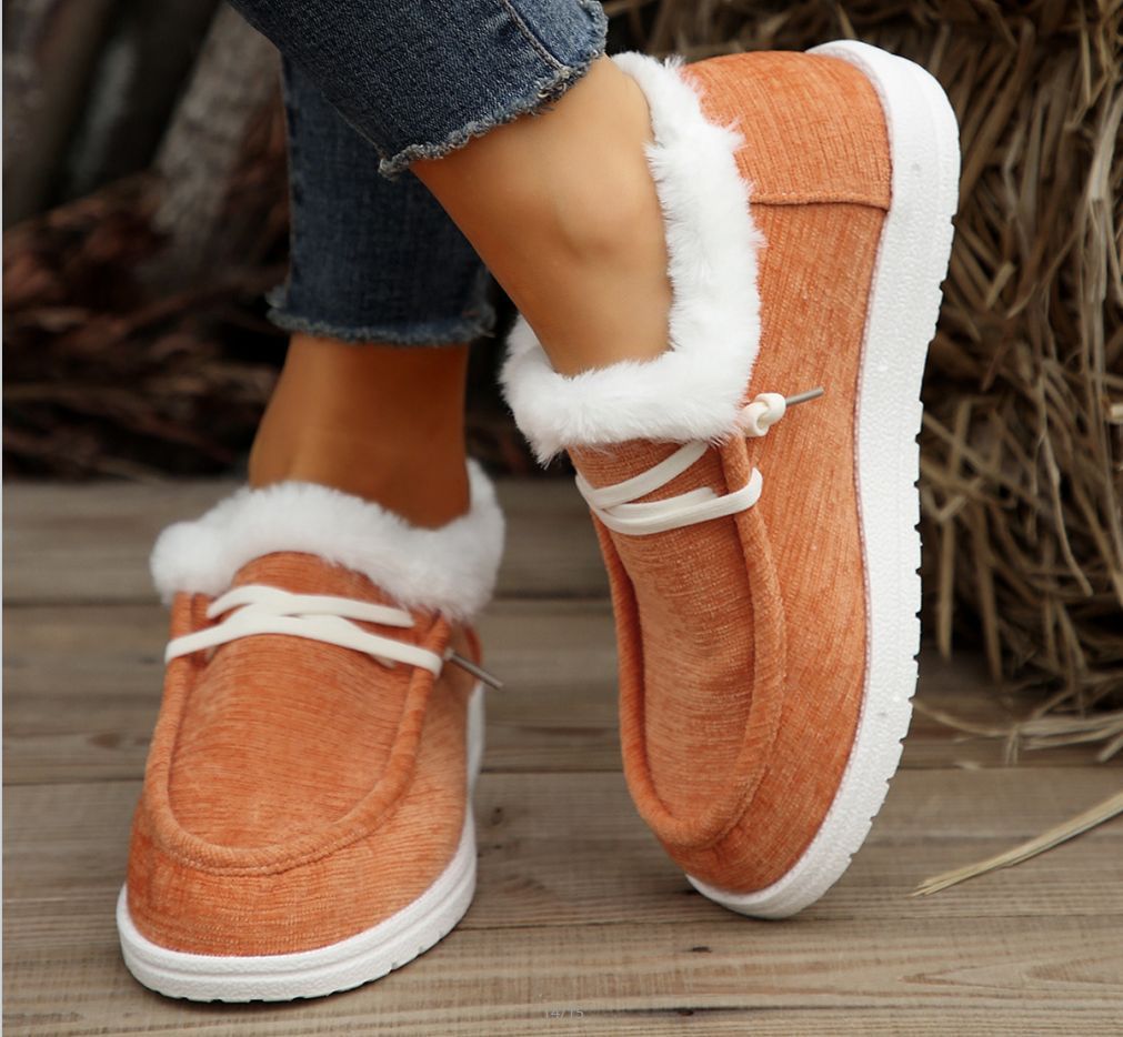 European And American Flat Heel Low Cut Round Head Fleece-lined Thick Furry Warm Women
