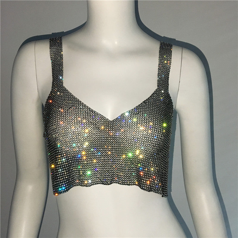 Deep V Sexy Rhinestone Metal Camisole Split Short Top