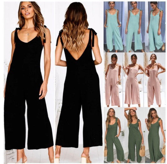 Back solid jumpsuit ladies summer wide leg dress