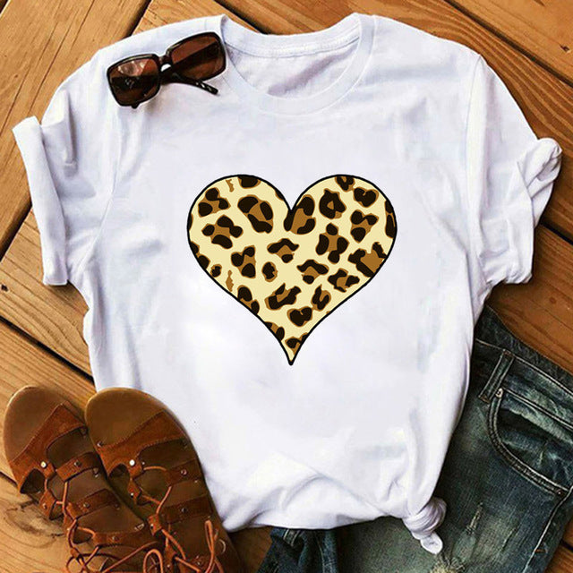 Spring Women's Cartoon Leopard Print Heart Printing T-shirt