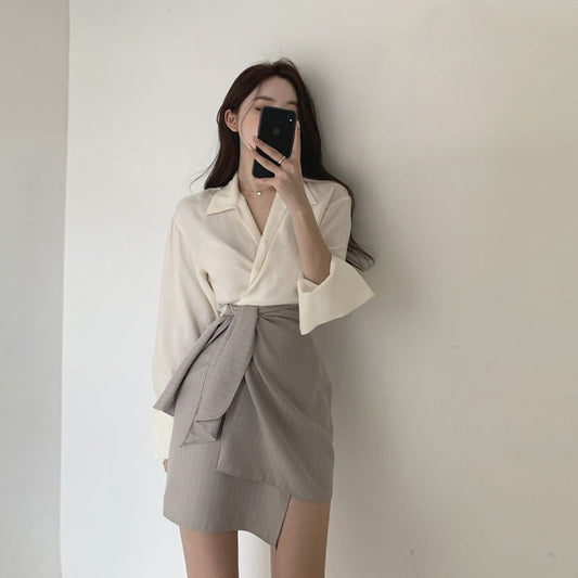 Women's Shirt Fashion High Waist A- Line Skirt Slimming Two-piece Suit