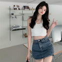A-line Skirt High Waist Bag Hip Drawstring Denim Skirt