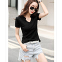 Summer Loose Short-sleeved Women's T-shirt Slub Cotton V-neck Casual