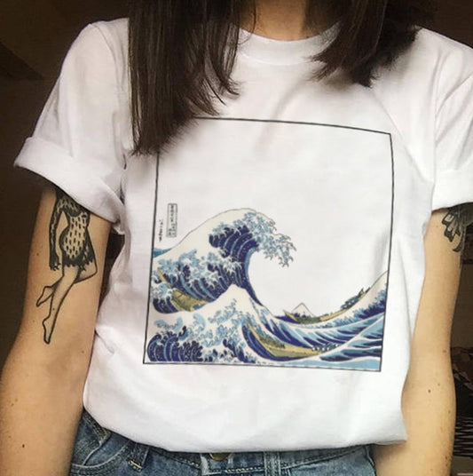 women's t-shirt bottoming shirt female retro elements literary wave mural women's shirt women's summer shirt