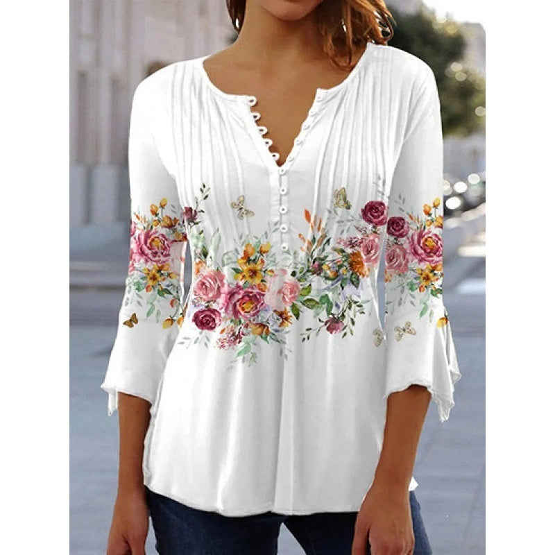 Women's Digital Printing V-neck Long-t-shirt