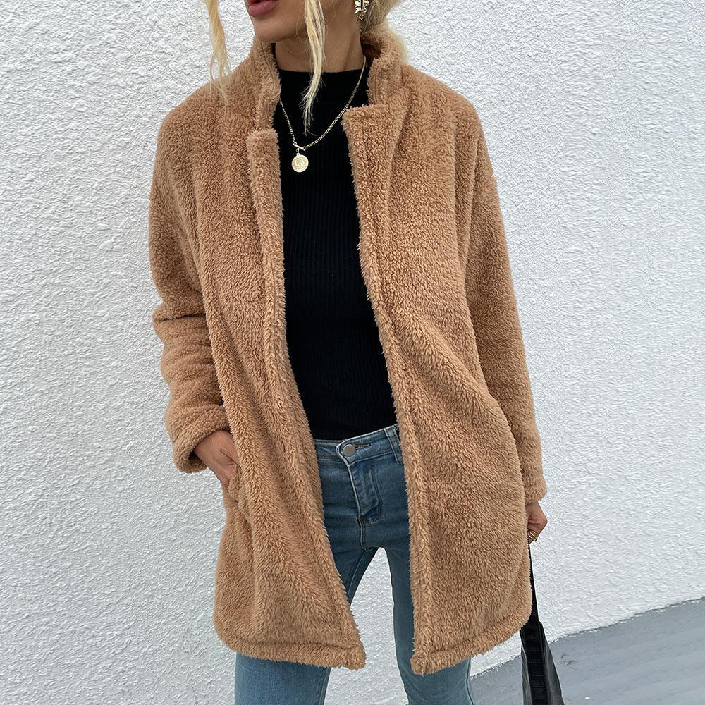Solid Color Lapel Double-sided Velvet Large Slot Pocket Mid-length Coat Wool Sweater