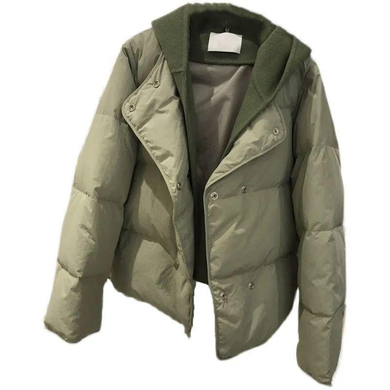 All-matching Woolen Hooded Stitching Long Sleeve Fake Two Pieces Thermal Cotton-padded Coat