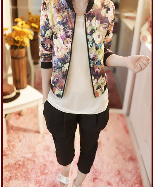 Jacket Trendy Wild Floral Zipper Stand Collar Long Sleeve Short Jacket Women