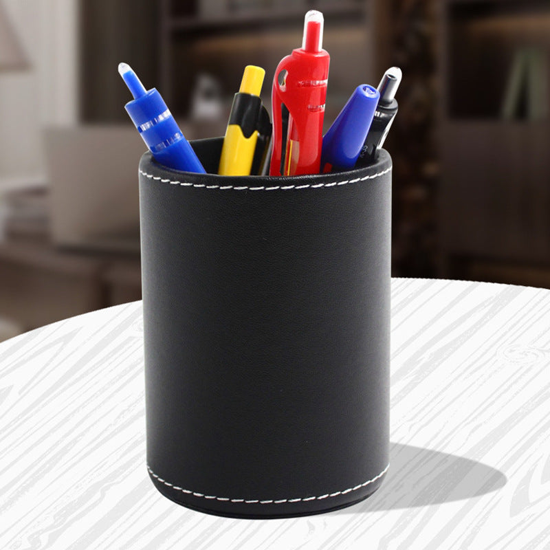 Round Small Size Black Leather Pen Container Student Office Unisex