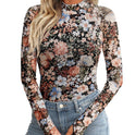 Floral Mesh Round Neck Long Sleeve Mesh With Thumb Hole Fashion Autumn Undershirt
