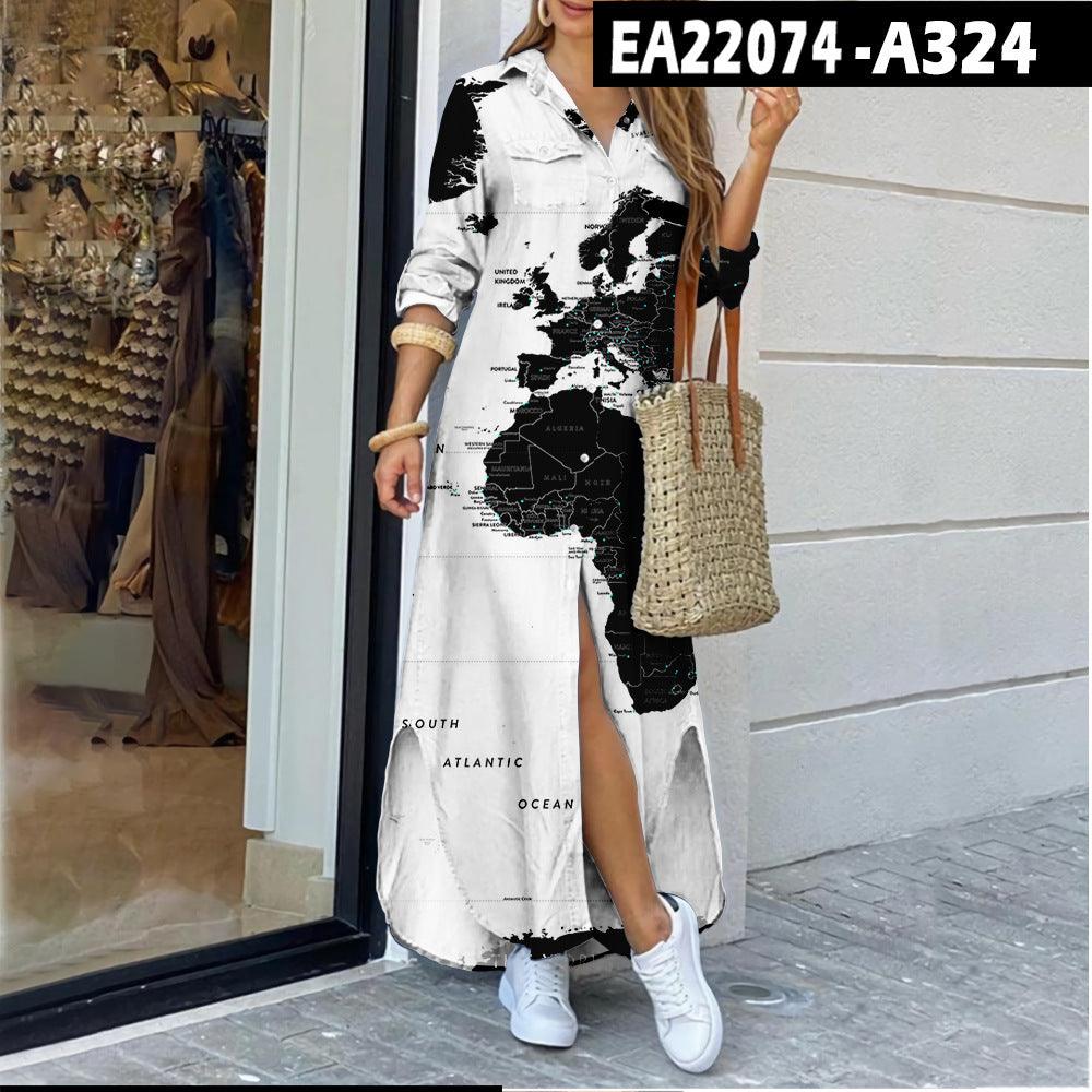 Women's Map Digital Printing Fashion Shirtdress