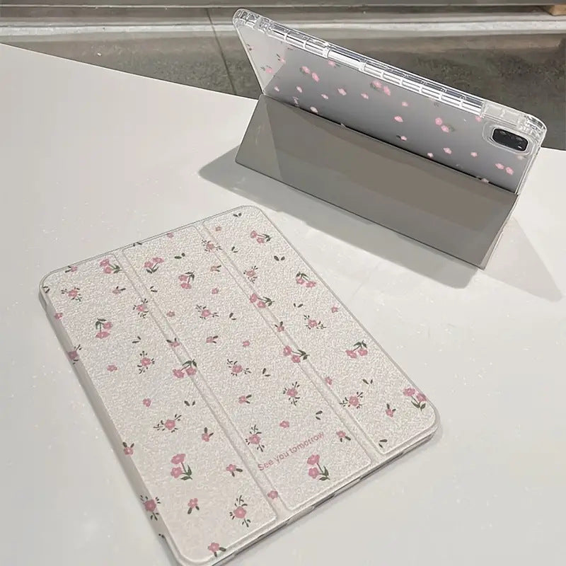 Transparent Floral Tri-fold Tablet Protective Case