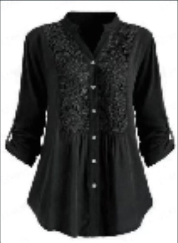 Women's Long Sleeve V-Neck Shirt Plus Size Lace Shirt