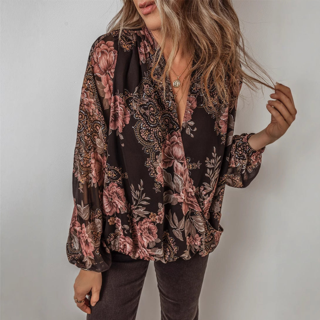 V-neck Long Sleeve Top Floral Print Women's Chiffon Shirt Women